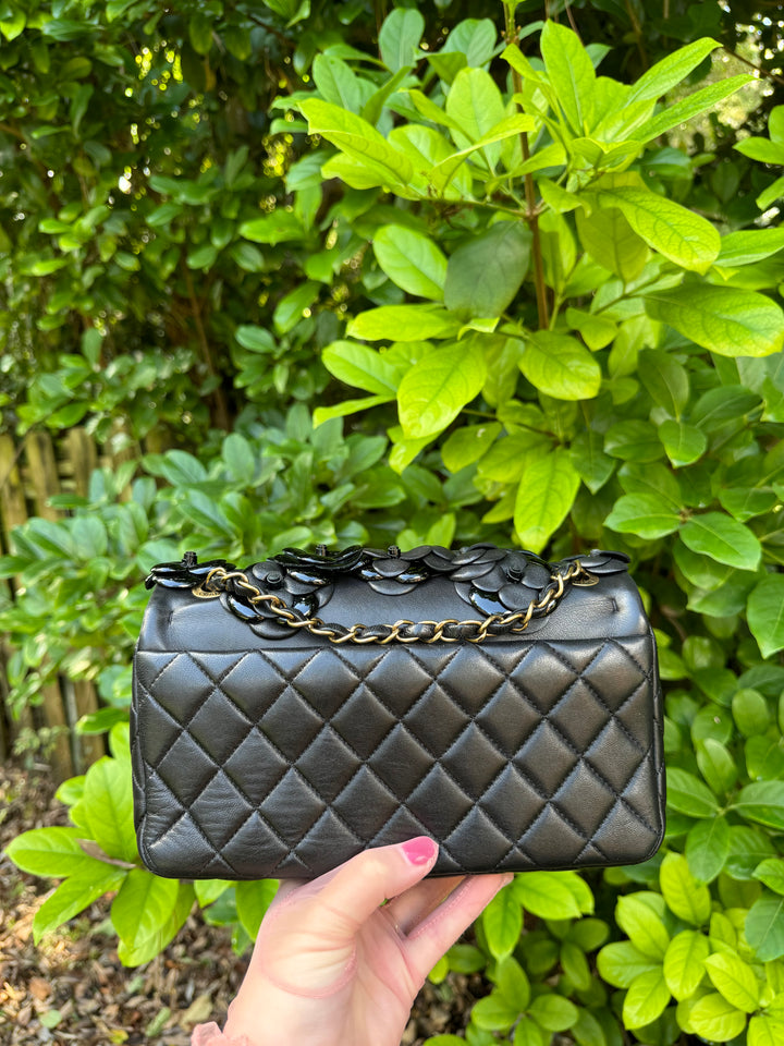 Chanel Black Lambskin Camellia Rose Appliqué Medium Flap Bag