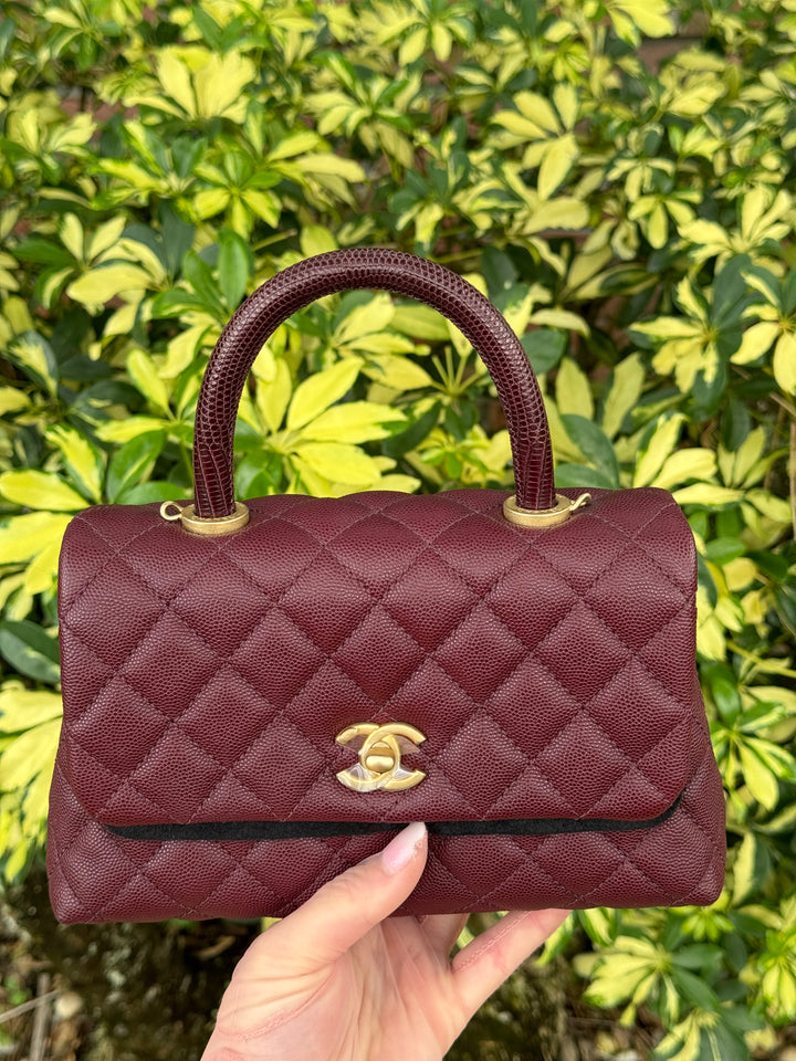Chanel Small Burgundy Caviar Coco + Lizard Top Handle