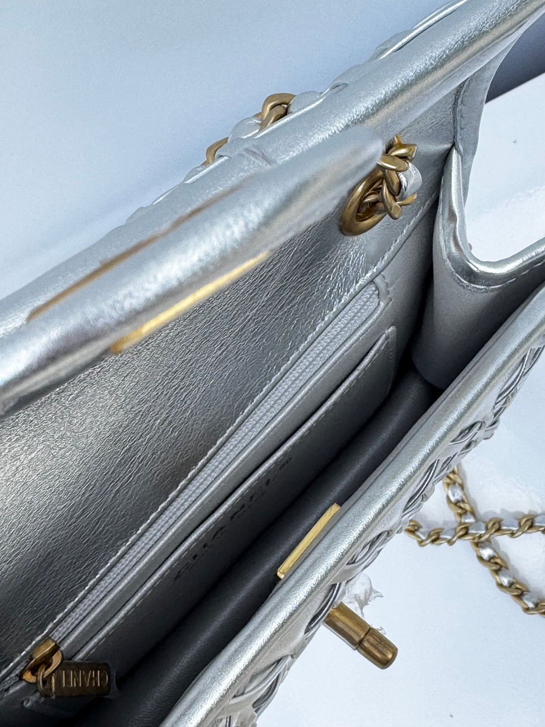 Chanel Silver Metallic Mini Braided Calfskin Flap Bag