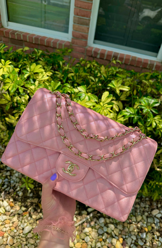 Chanel 19S Pink Iridescent Jumbo Caviar Double Flap Bag