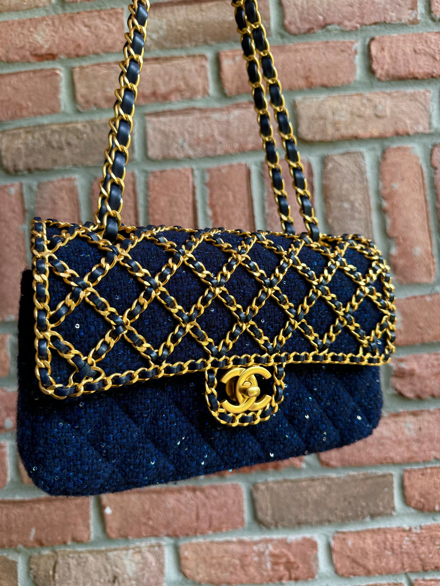 Chanel 2020 Small Woven Chain Blue Tweed Classic Flap