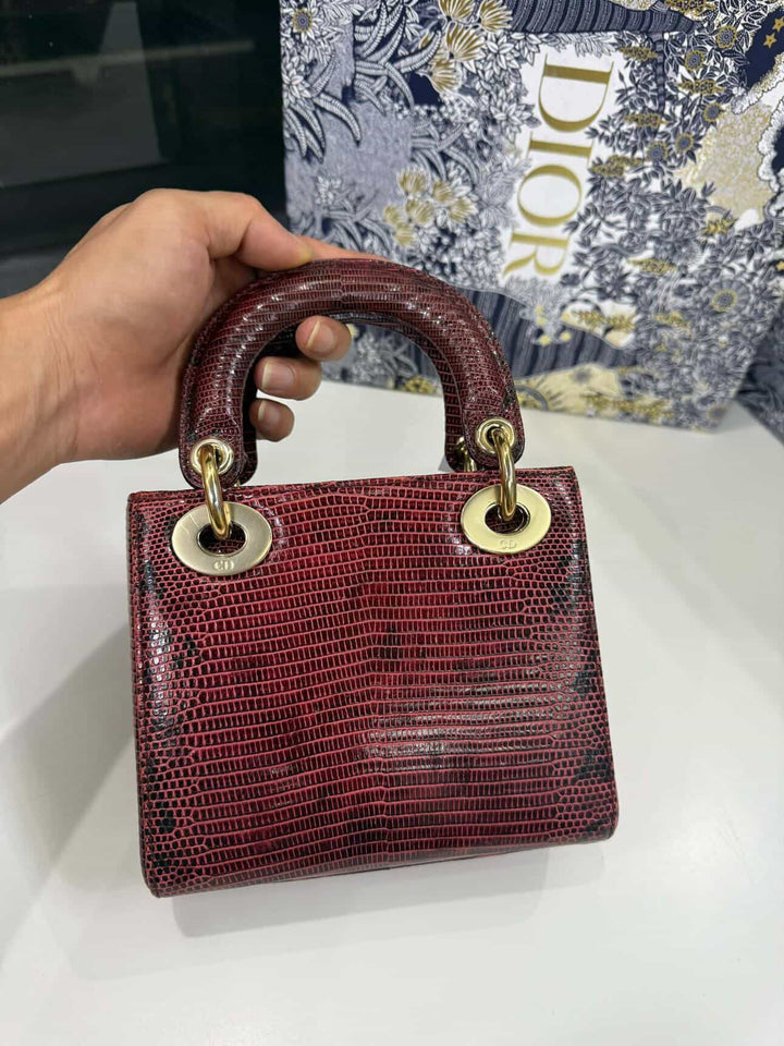Christian Dior Lady Dior Mini Top Handle Lizard Burgundy Gold Hardware