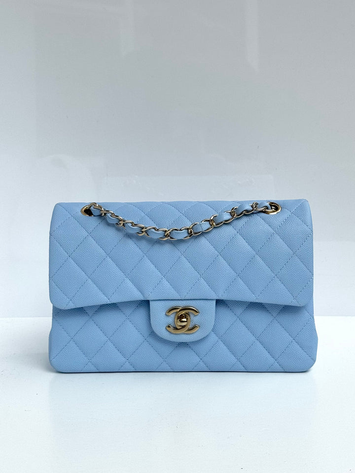 Chanel Small Classic Double Flap Caviar Light Blue Light Gold Hardware 2023