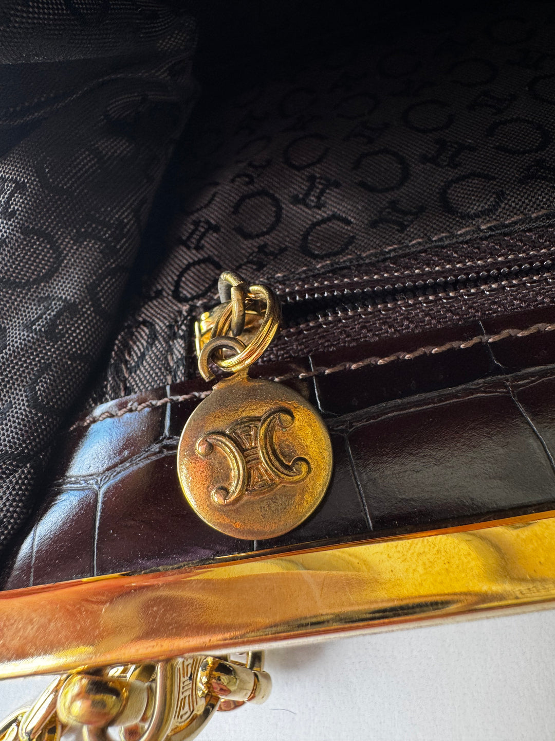 Celine Croc Embossed Brown Shoulder Clutch Bag