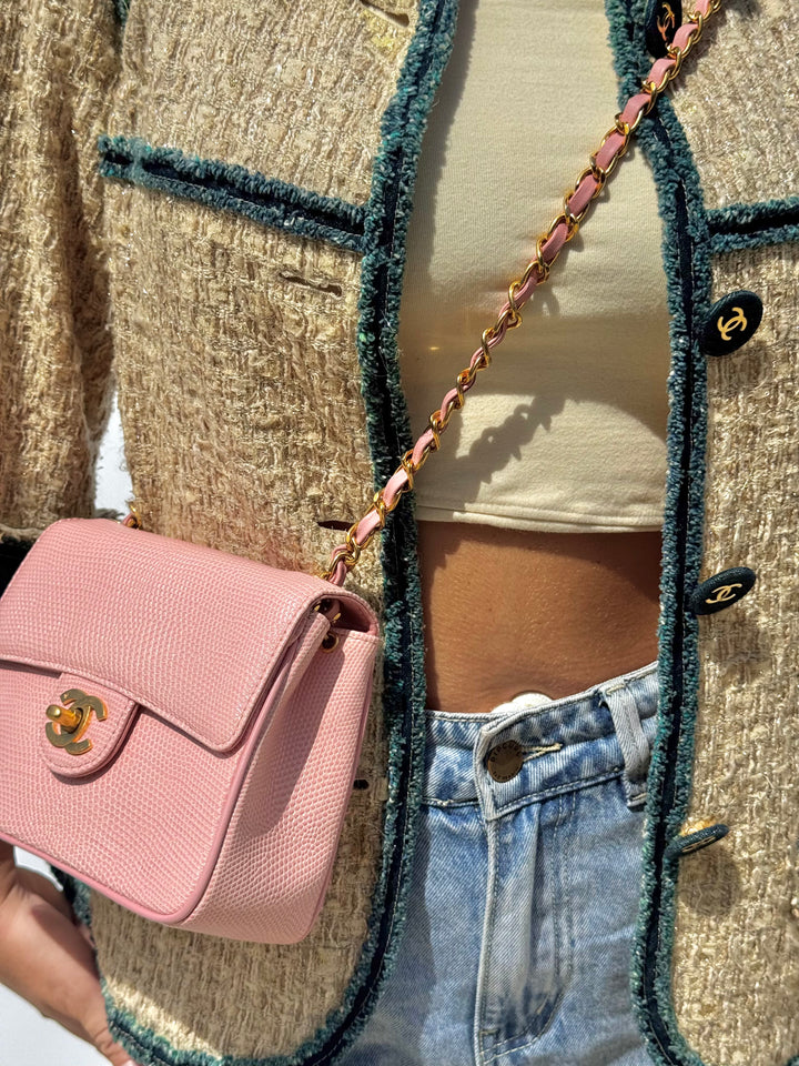 Chanel Sakura Pink Vintage Lizard Mini Square Flap Bag