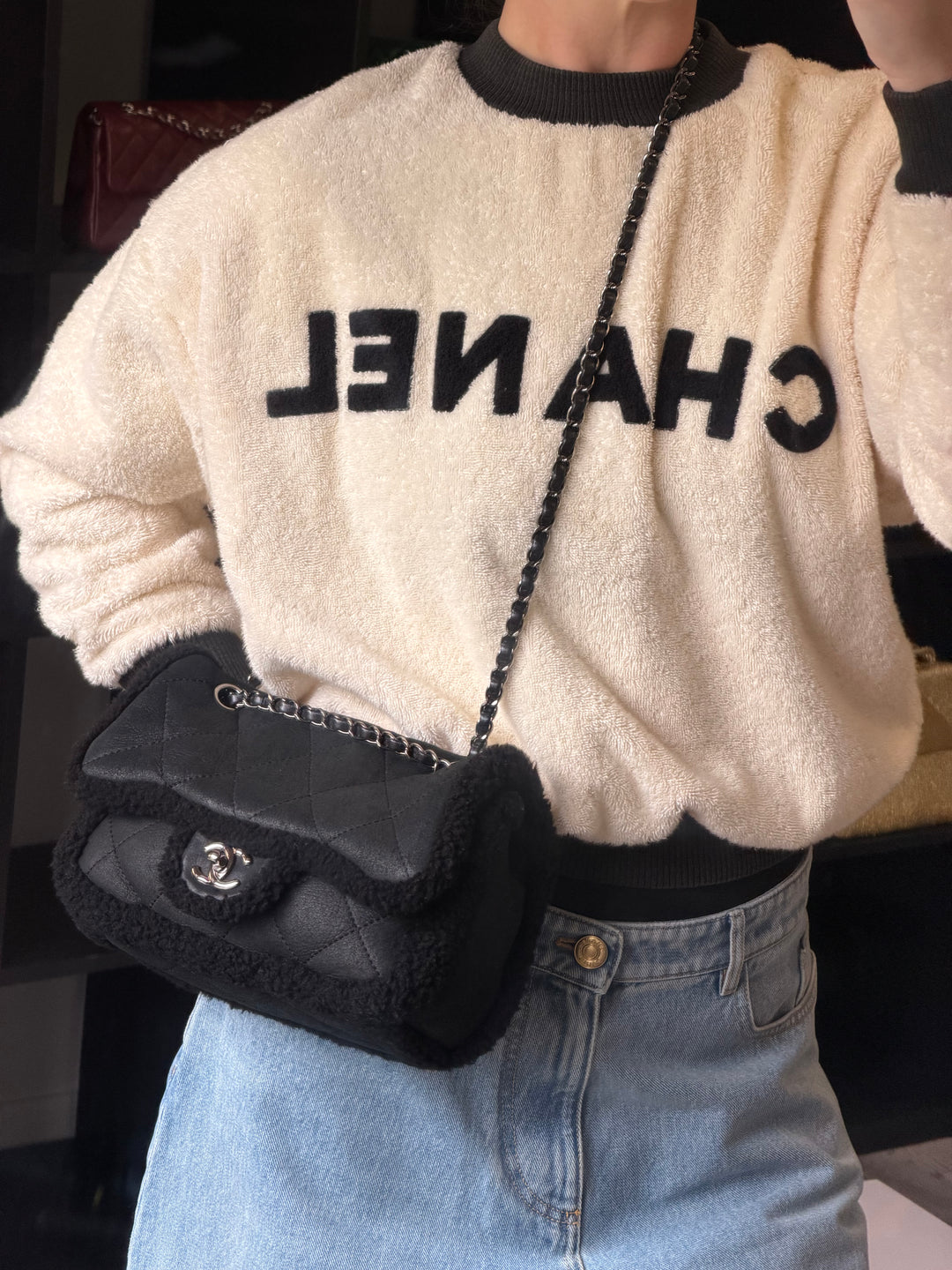 Chanel Medium Black Shearling Coco Neige Flap
