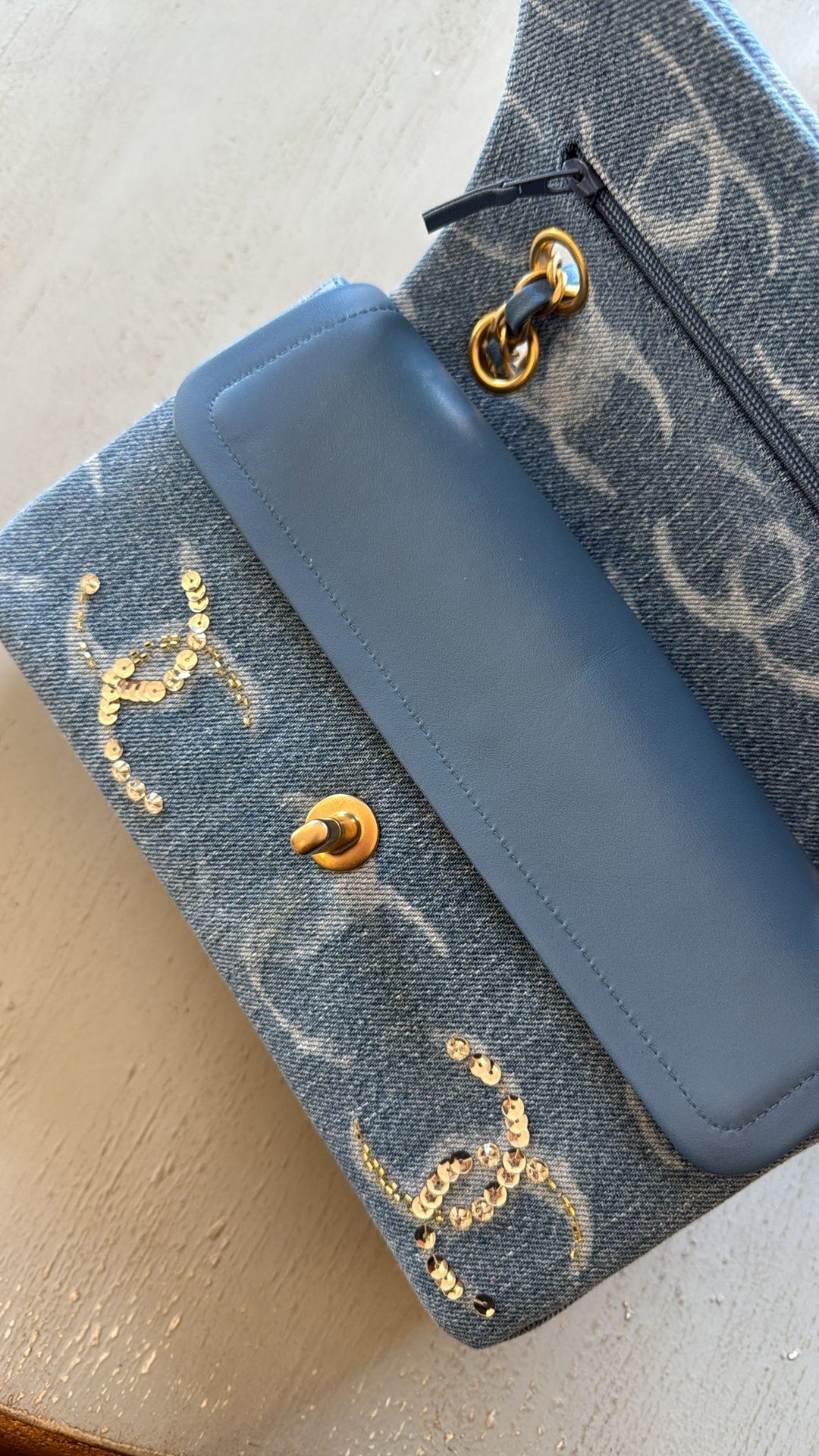 Chanel 23b Medium Denim Sequin CC Classic Flap Bag