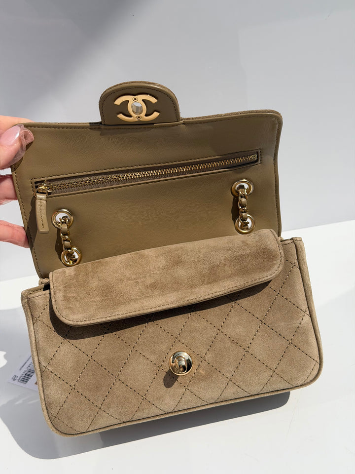 Chanel Mini Flap Souplissimo Suede Calfskin Dark Beige Gold Hardware 2026