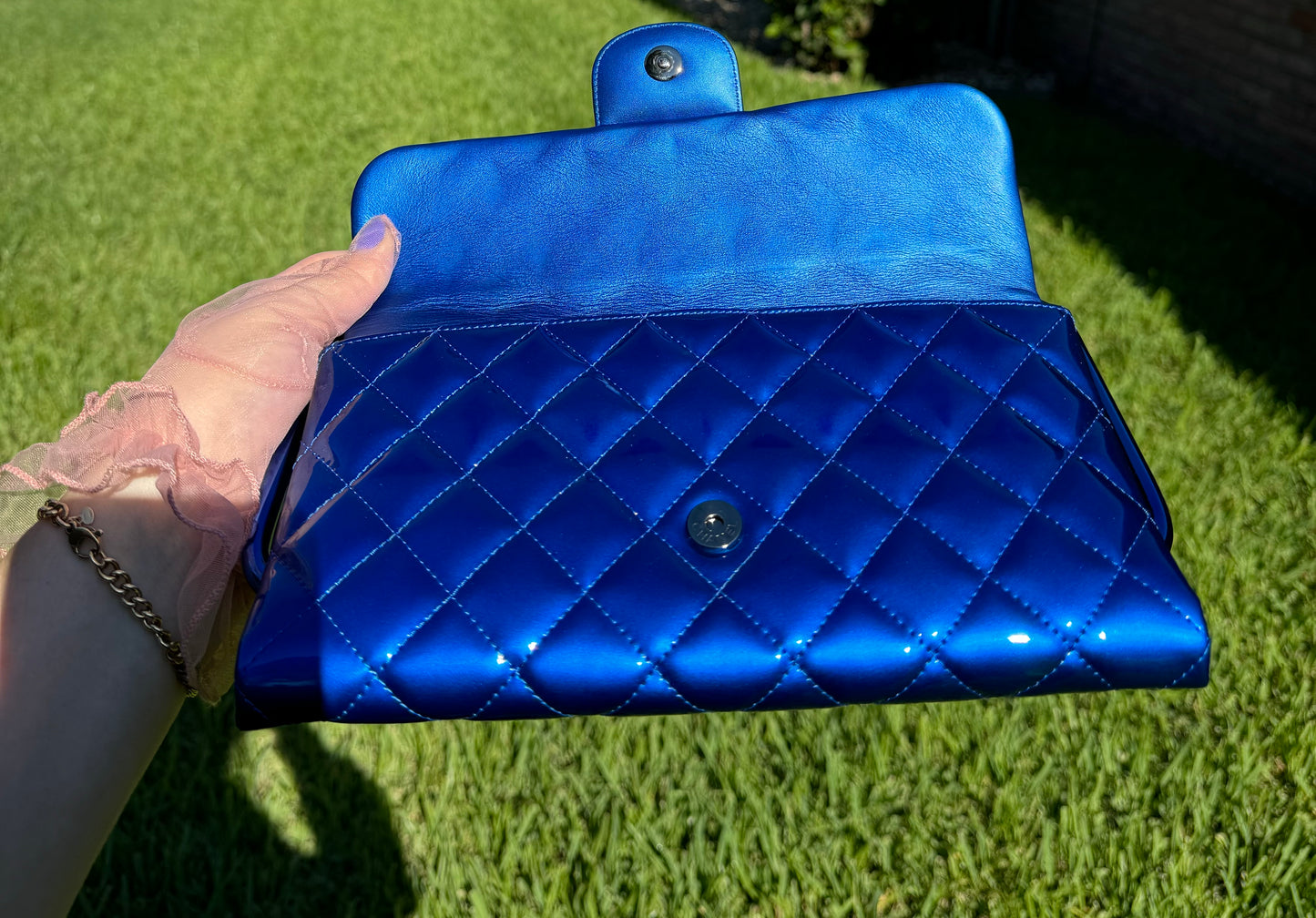 Chanel Classic Flap Patent Metallic Blue Frame Clutch