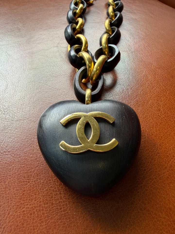 Chanel Vintage Wood Heart CC Pendant Necklace 1993