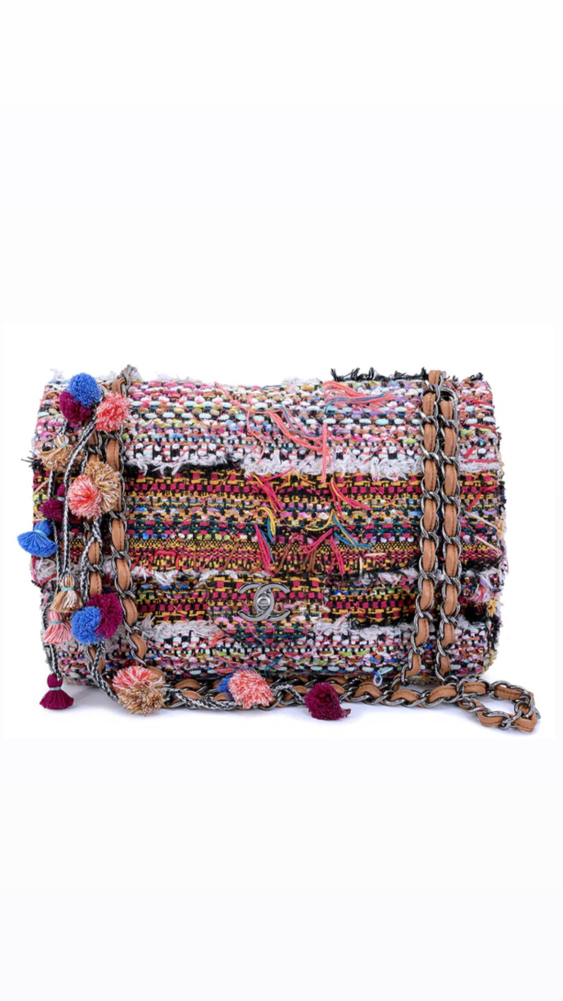 Chanel Jumbo Multicolor Tweed Pom Pom Flap