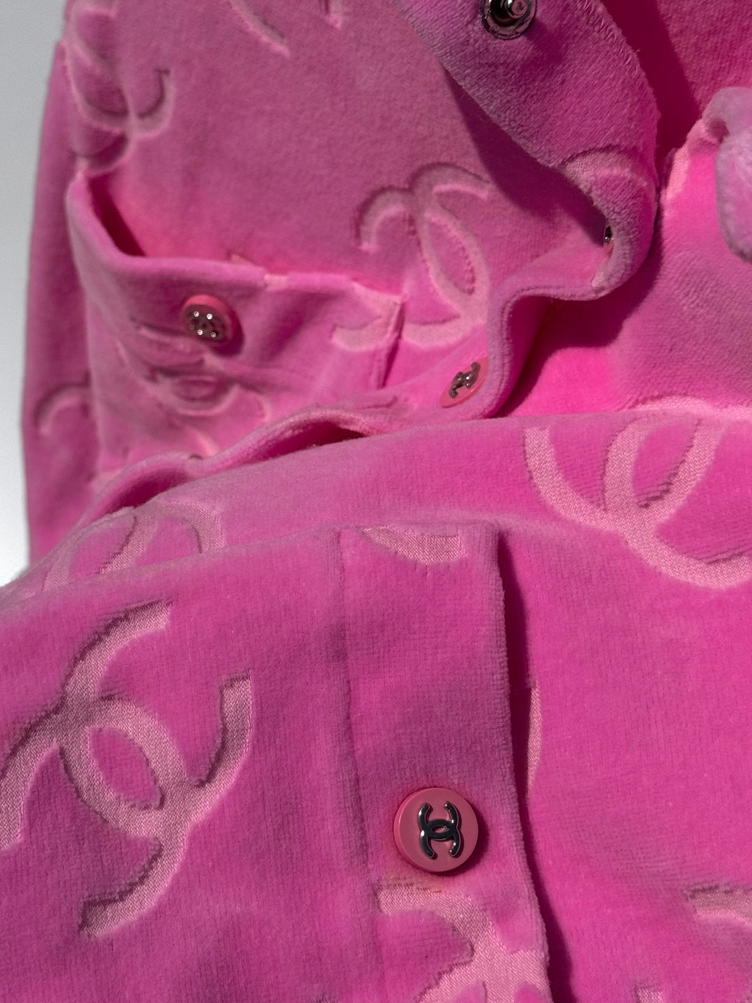 Chanel Spring 1996 Pink Velour CC Button Top X EstherandSasha