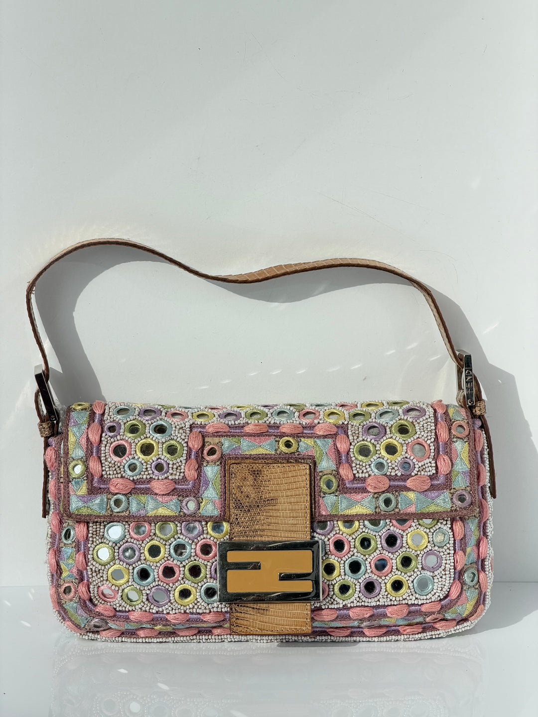 Fendi Baguette Mirror Specchietti Bag Multicolor Silk Embroidery & Beading Lizard Trim 2009