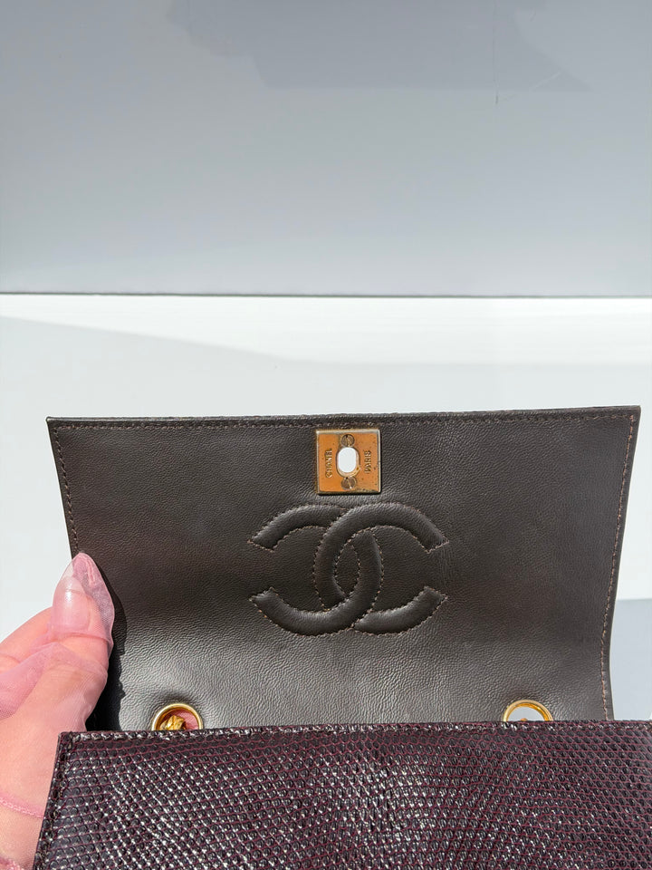 Chanel Small Trapezoid Flap Bag Burgundy Lizard Leather Gold Hardware With Bijoux Chain 1989