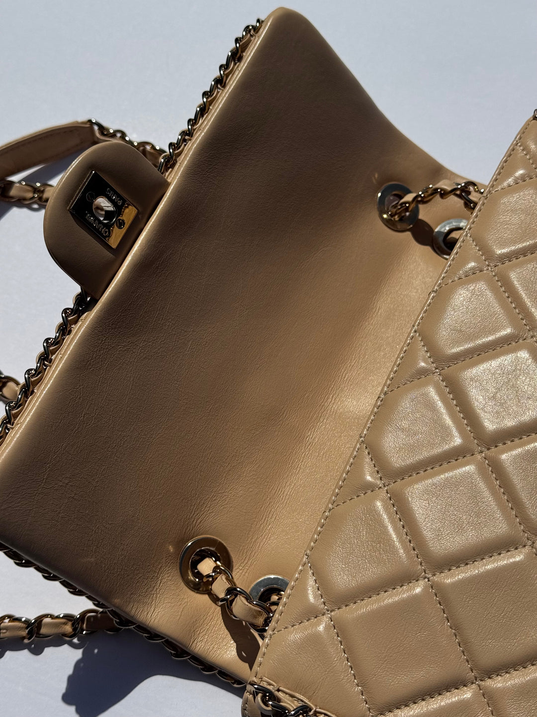 Chanel Beige Crumpled Calfskin Medium Chain All Over Flap Bag