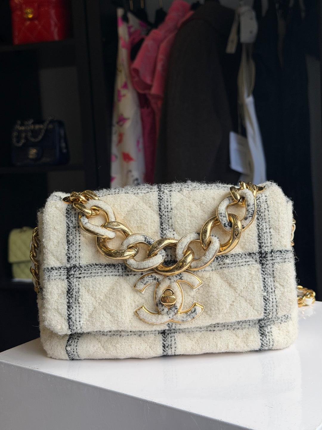 Chanel Small Elegant Chain Flap Wool Tweed White Black Gold Hardware 2022
