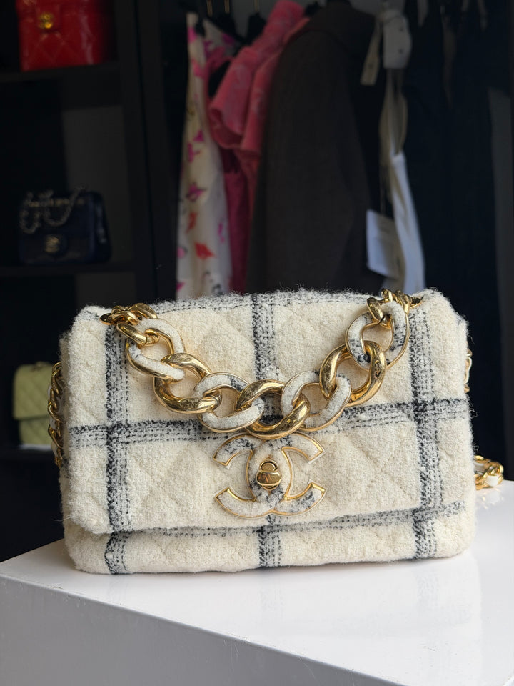 Chanel Small Elegant Chain Flap Wool Tweed White Black Gold Hardware 2022