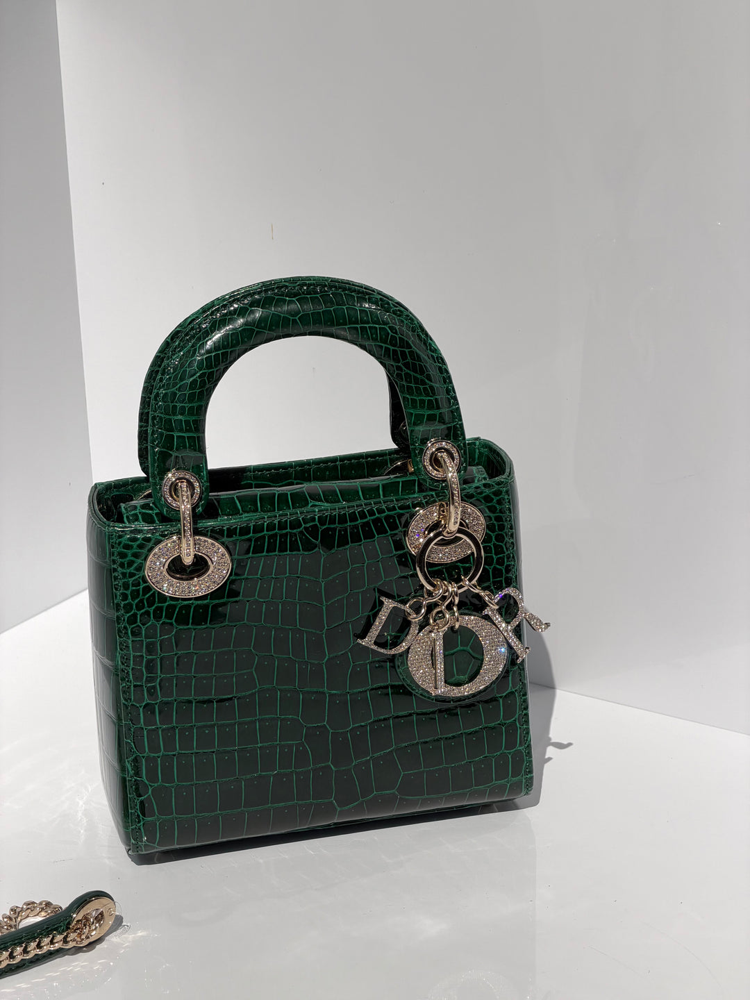 Dior Emerald Crocodile Mini Lady Dior Top Handle Diamond Gold Hardware 2022