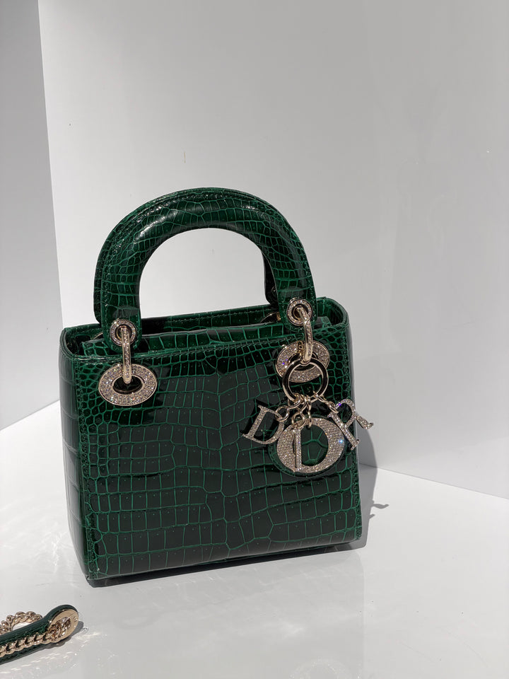 Dior Emerald Crocodile Mini Lady Dior Top Handle Diamond Gold Hardware 2022