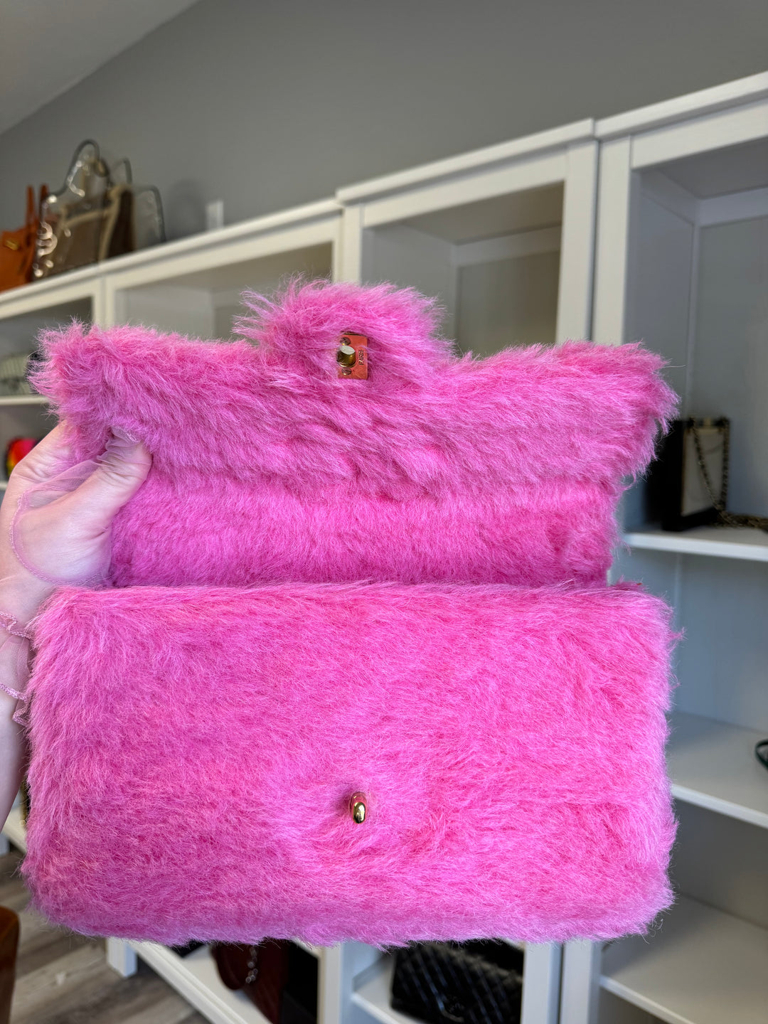 Chanel RARE 1994 Pink Faux Fur Kelly Top Handle