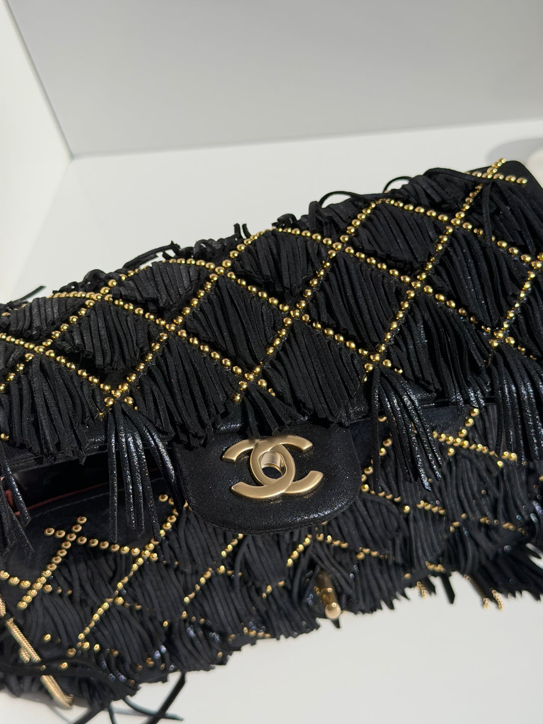 Chanel Paris-Dallas Medium Fringe Flap Bag Black Iridescent Leather Brushed Gold Tone Hardware 2014