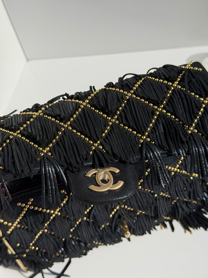 Chanel Paris-Dallas Medium Fringe Flap Bag Black Iridescent Leather Brushed Gold Tone Hardware 2014
