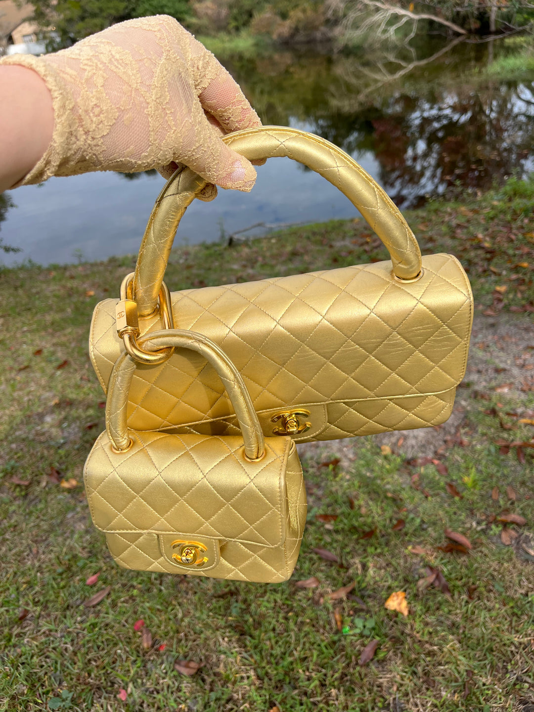 Chanel Vintage Kelly Parent & Child Metallic Lambskin Set