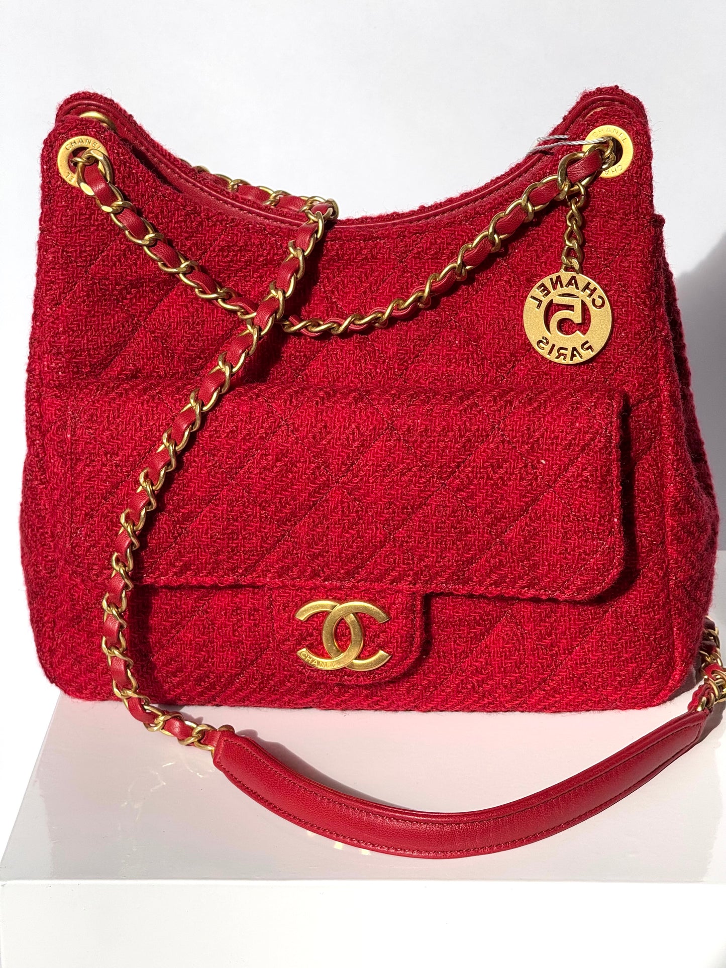 Chanel Small Red Wool Tweed Hobo