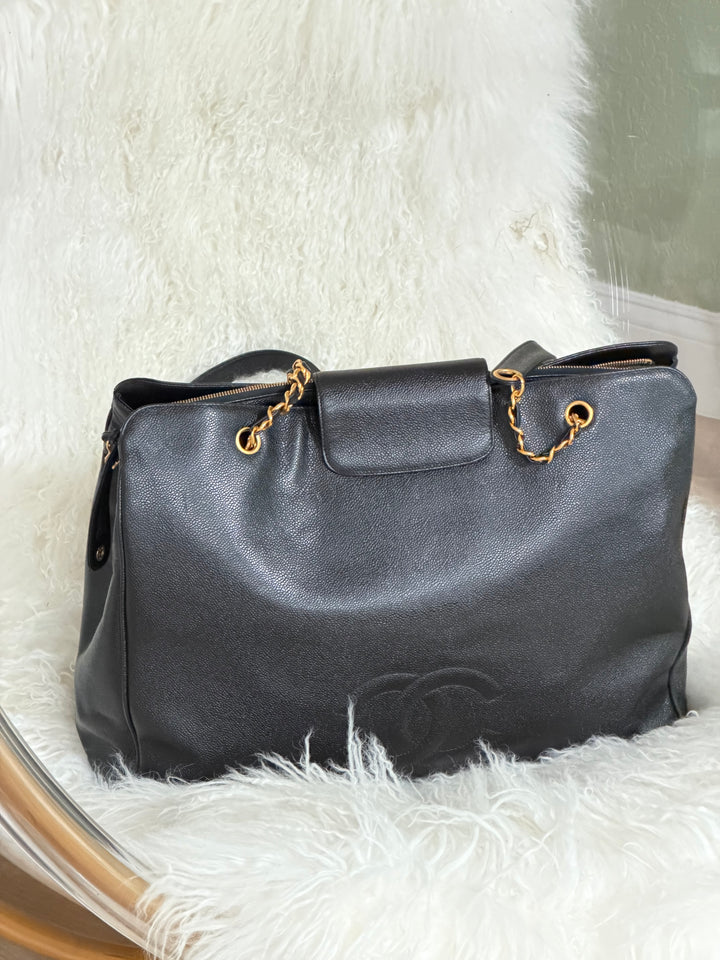 Chanel Black Caviar XL Supermodel Tote Bag 24K Gold Plated Hardware 1994