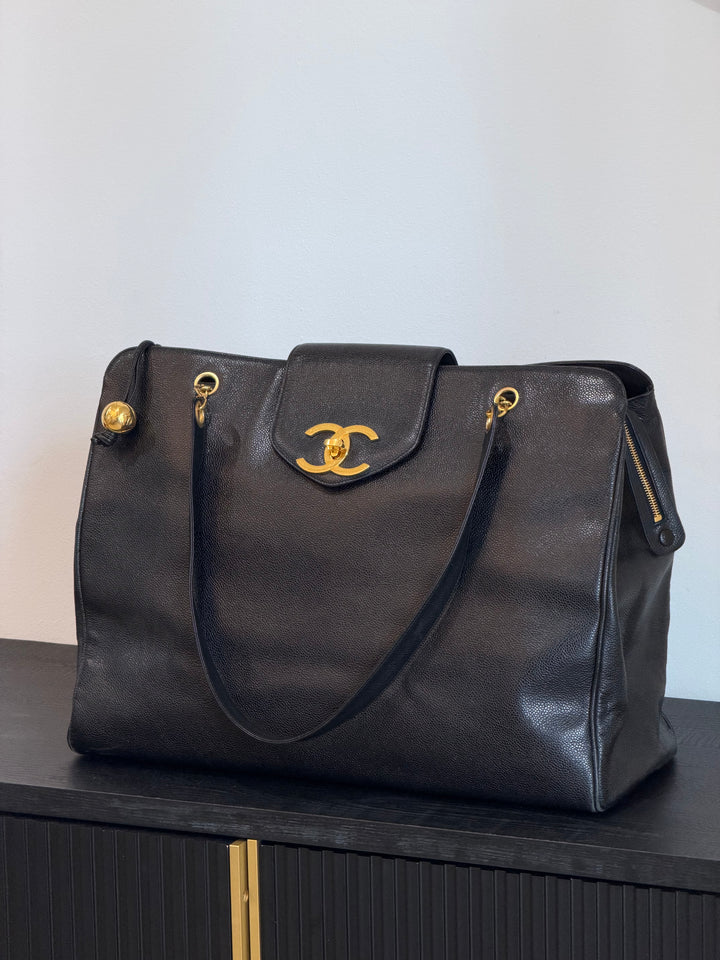 Chanel Black Caviar XL Supermodel Tote Bag 24K Gold Plated Hardware 1994