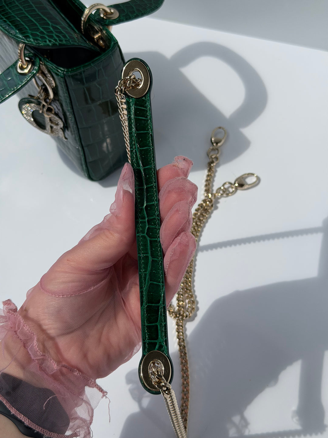 Dior Emerald Crocodile Mini Lady Dior Top Handle Diamond Gold Hardware 2022