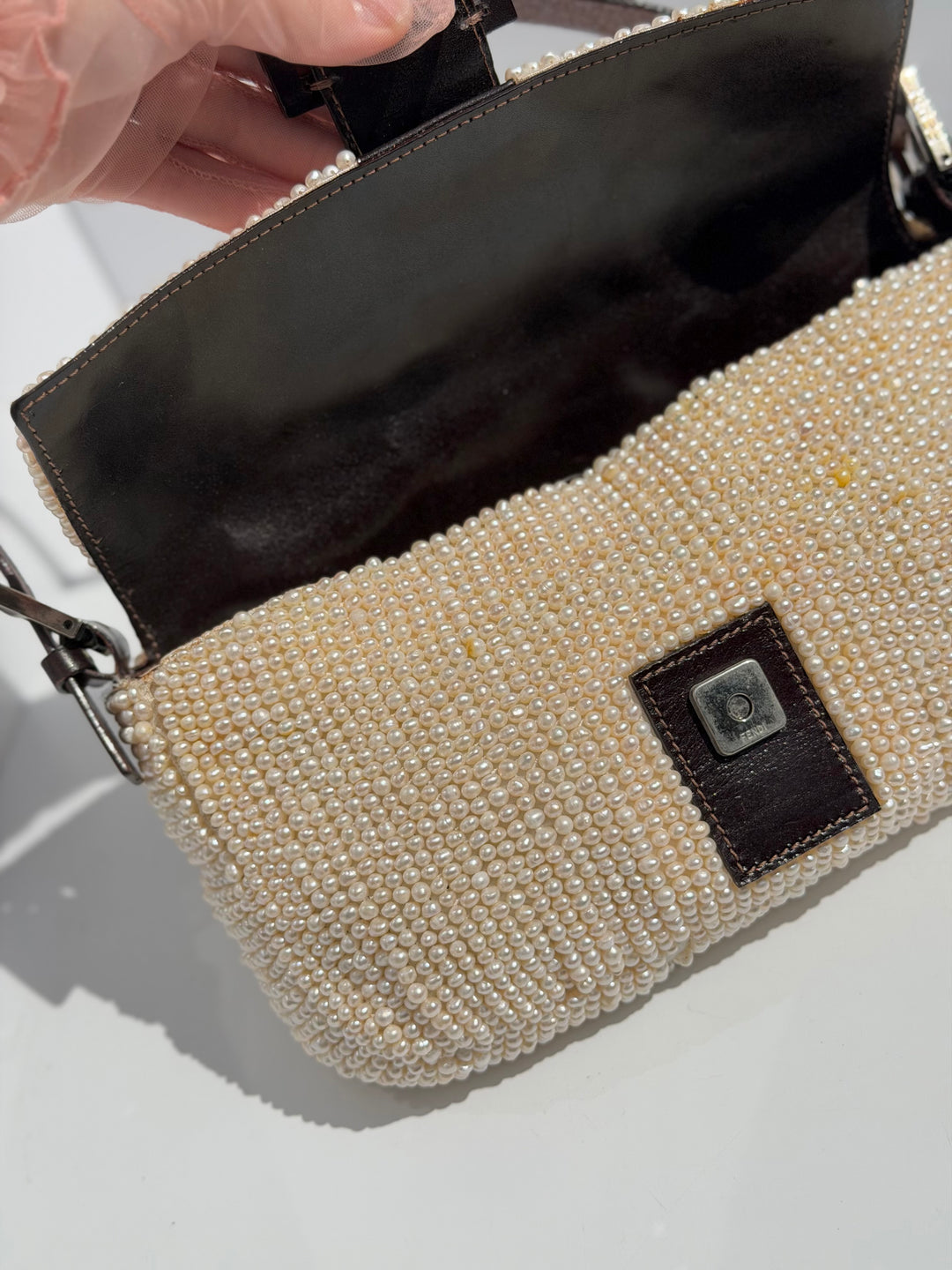 Fendi Pearl Embellished Baguette Brown Leather Trim Silver Hardware 2009