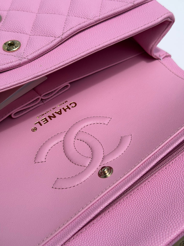 Chanel Small Classic Double Flap Caviar Pink Light Gold Hardware 2023