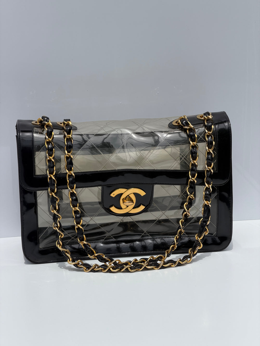 Chanel Maxi Classic Flap Bag Clear Vinyl Black Patent Leather Gold Hardware 1994