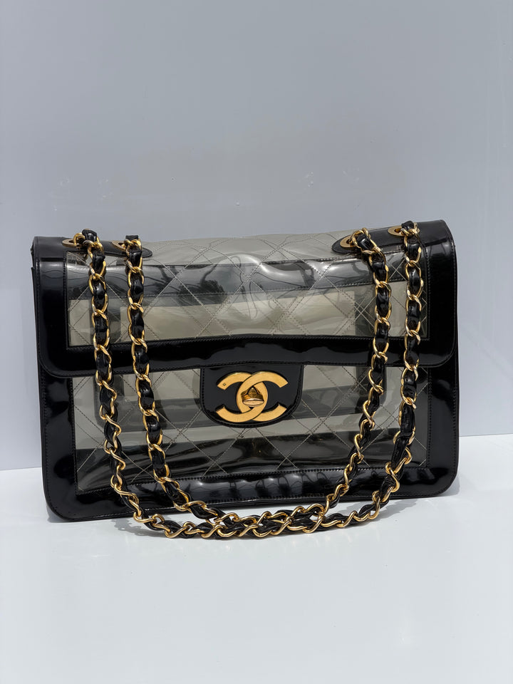 Chanel Maxi Classic Flap Bag Clear Vinyl Black Patent Leather Gold Hardware 1994