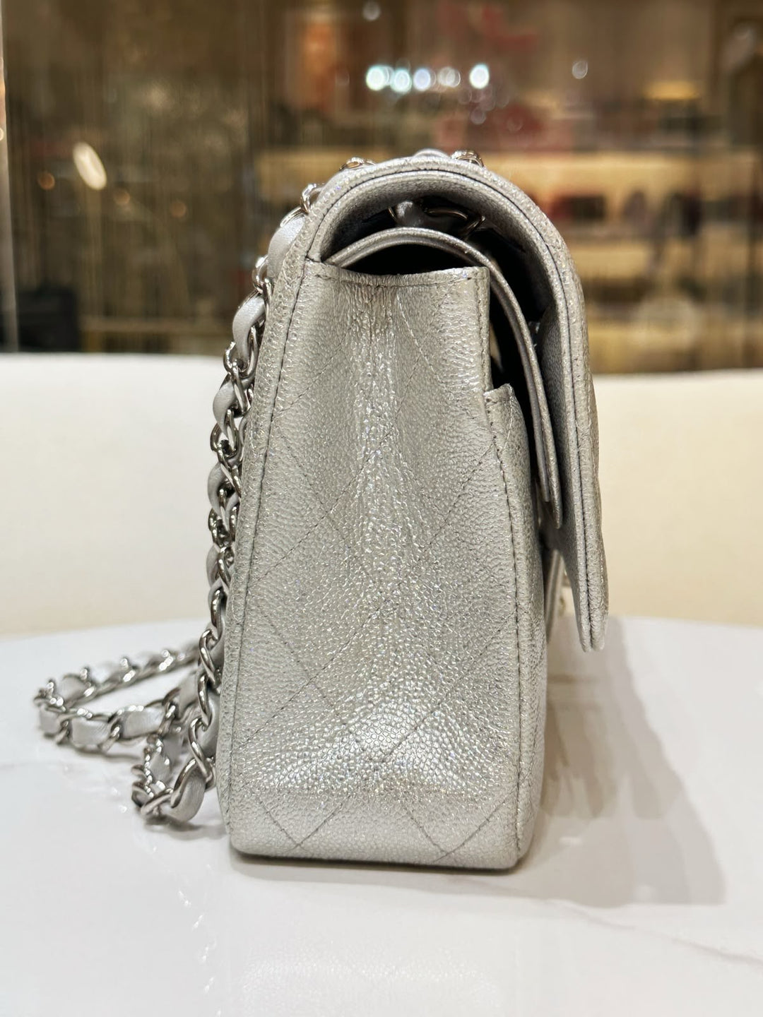 Chanel 21K Medium Flap Bag Silver Metallic Caviar Leather Silver Tone Hardware 2021