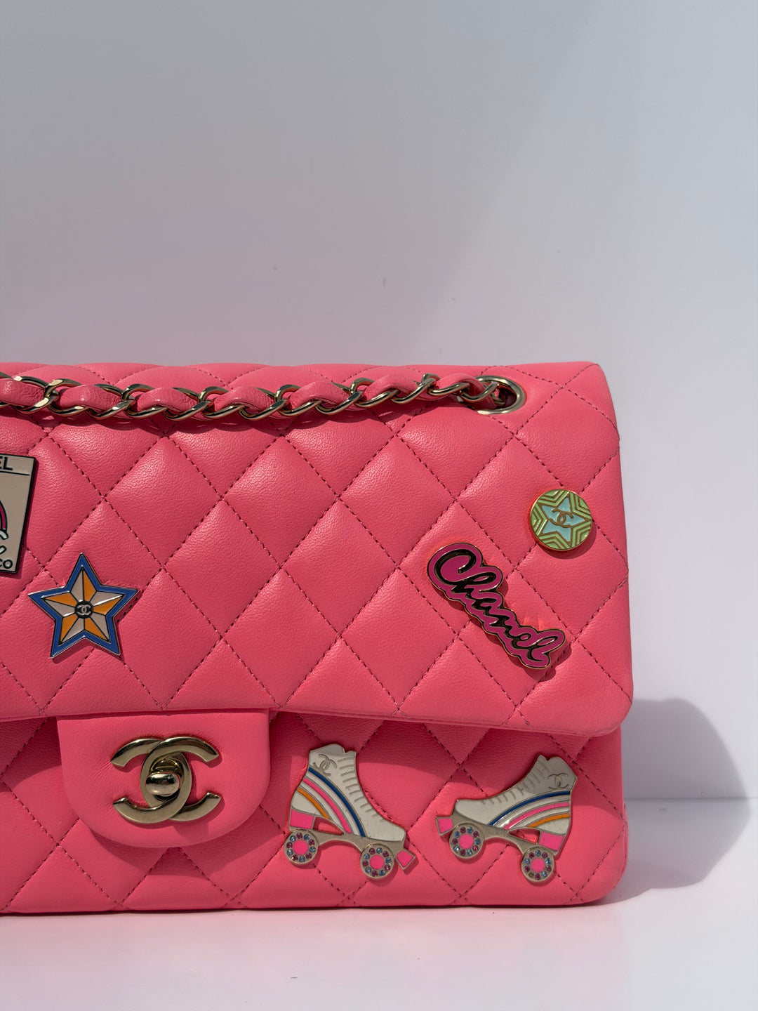Chanel Medium Hollywood Charms Classic Flap Bag Pink Lambskin Light Gold Hardware 2024