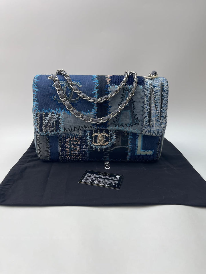 Chanel Jumbo Single Flap Patchwork Denim Blue Tweed Textile Leather Silver Hardware 2015