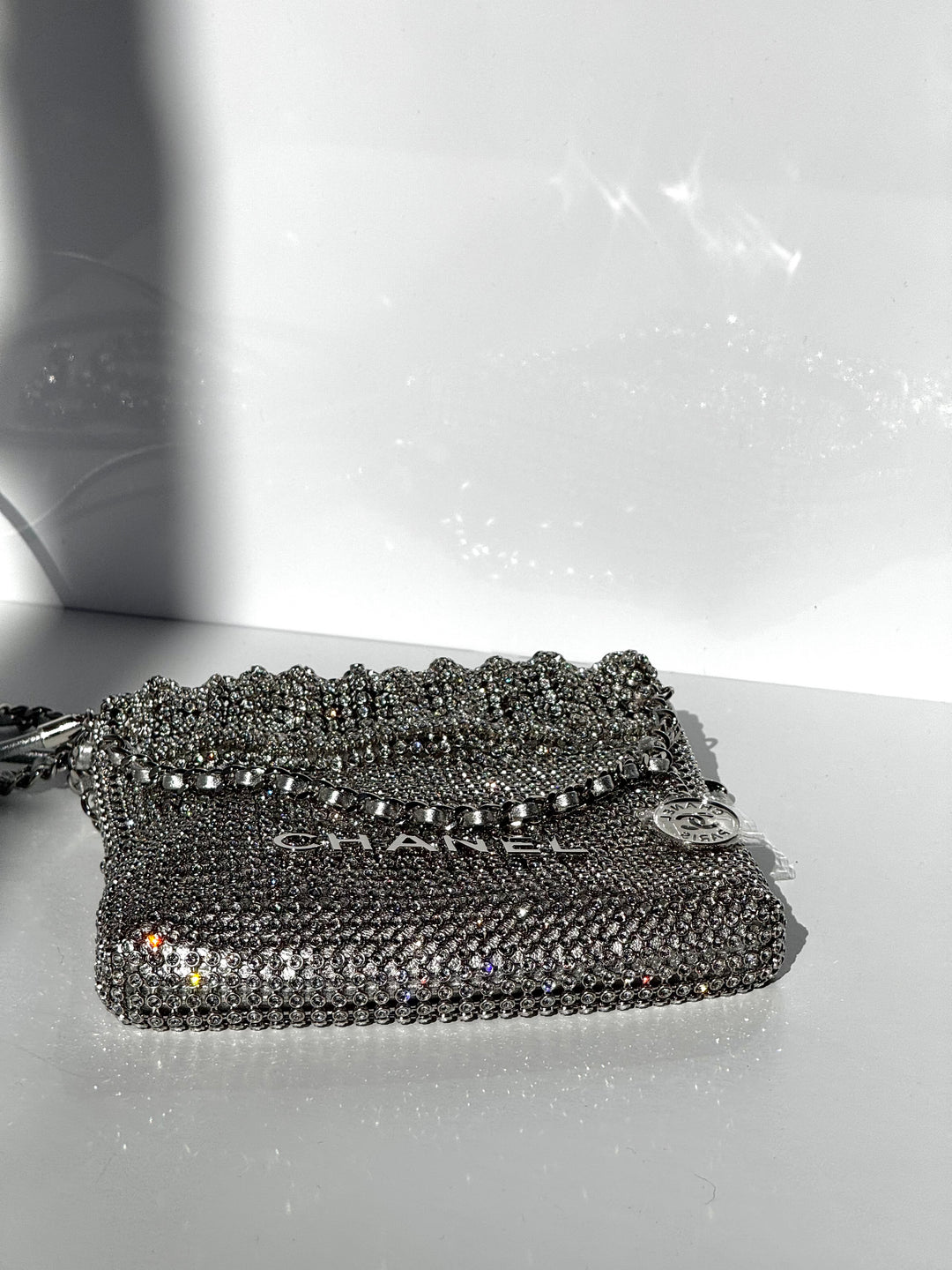 Chanel Mini Chanel 22 Crystal Embellished Metallic Lambskin Silver Silver Hardware