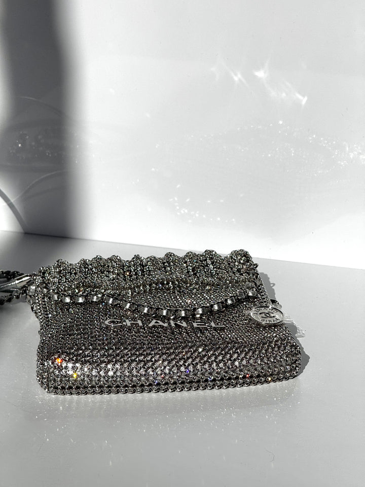 Chanel Mini Chanel 22 Crystal Embellished Metallic Lambskin Silver Silver Hardware