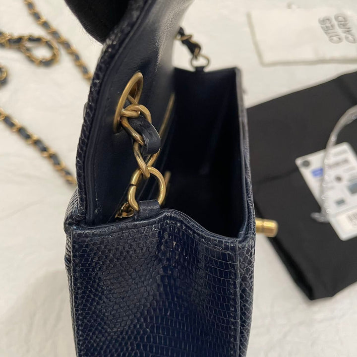 Chanel Navy Blue Lizard Mini Flap Brushed Gold Hardware 2018