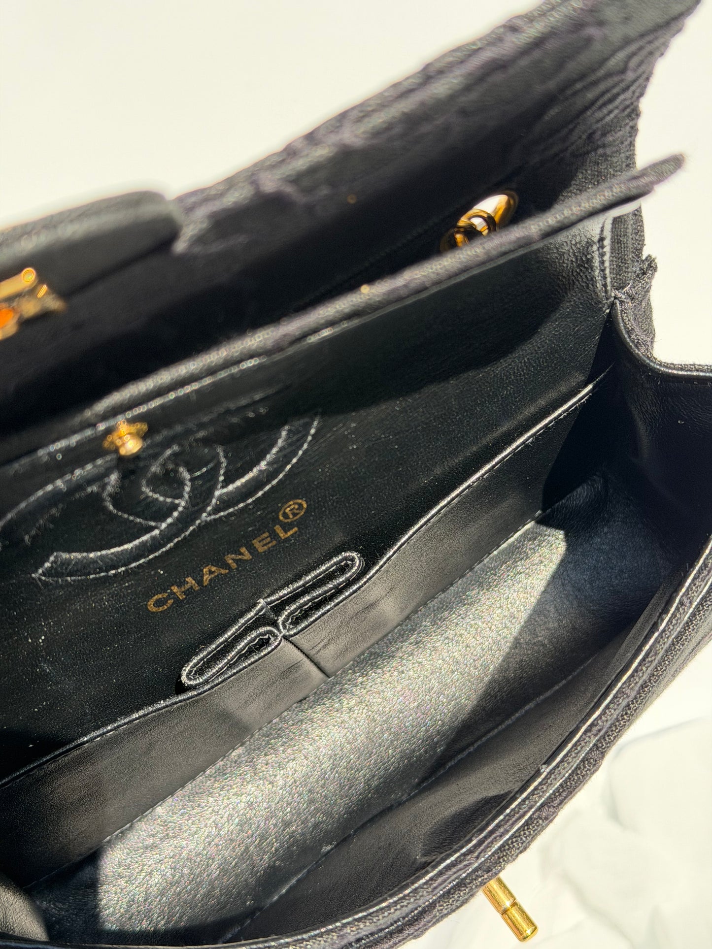 Chanel 1997 Small 24K Black Camellia Classic Flap Bag