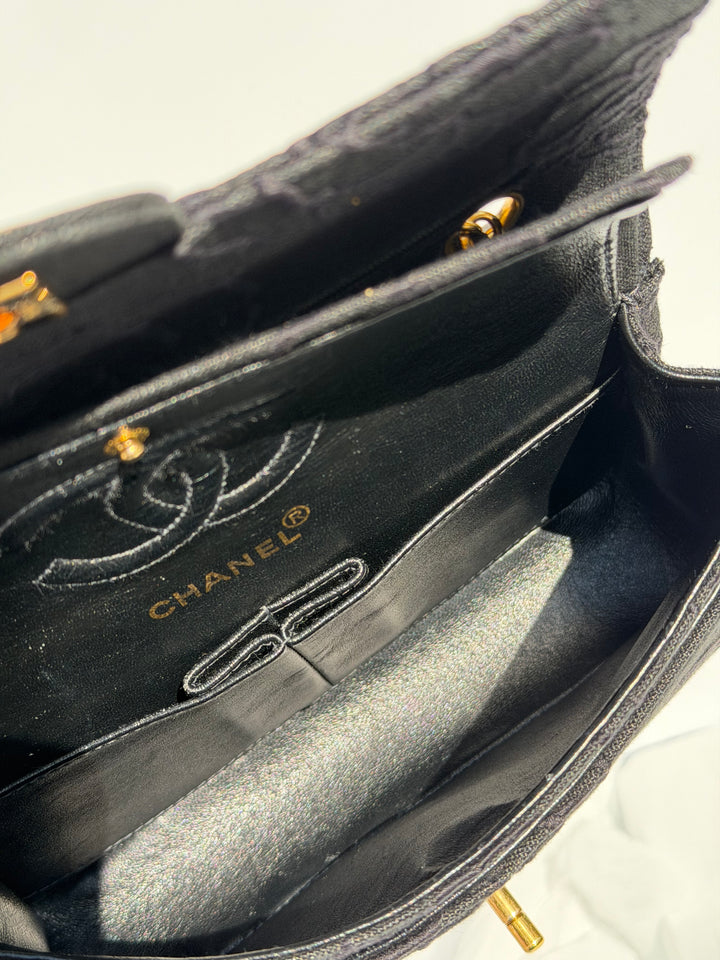 Chanel 1997 Small 24K Black Camellia Classic Flap Bag