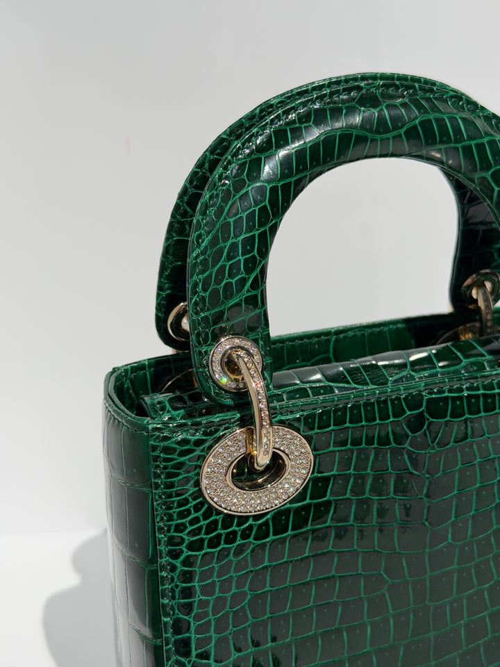 Dior Emerald Crocodile Mini Lady Dior Top Handle Diamond Gold Hardware 2022
