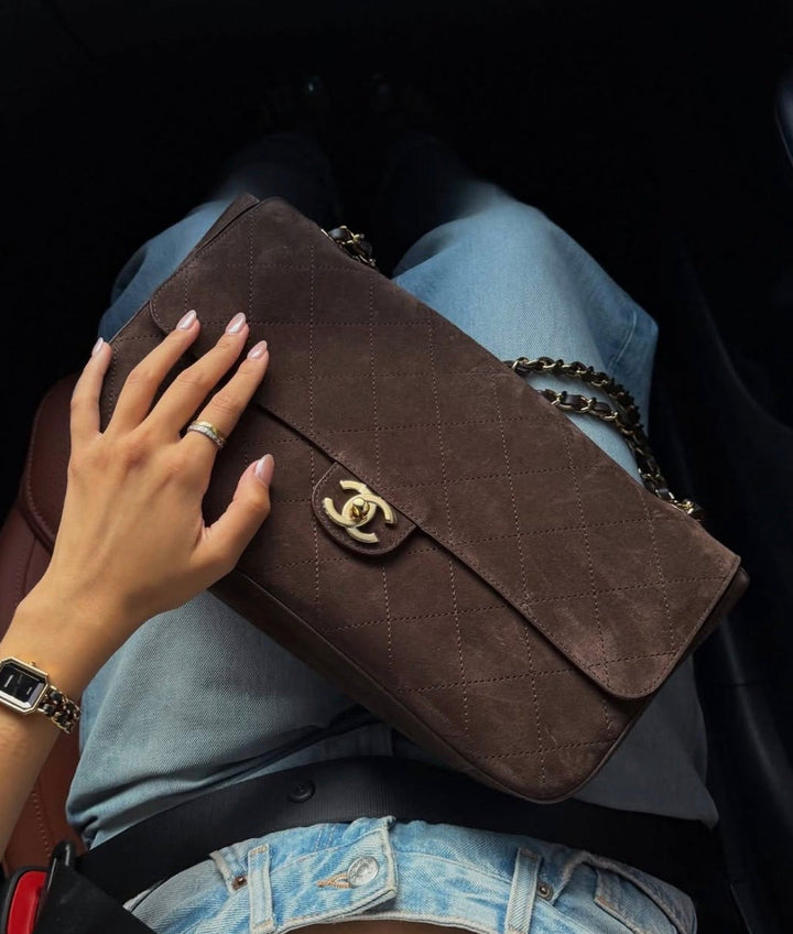 Chanel Maxi 32 Flap Bag Brown Souplissimo Suede Calfskin Gold Tone Hardware 2026