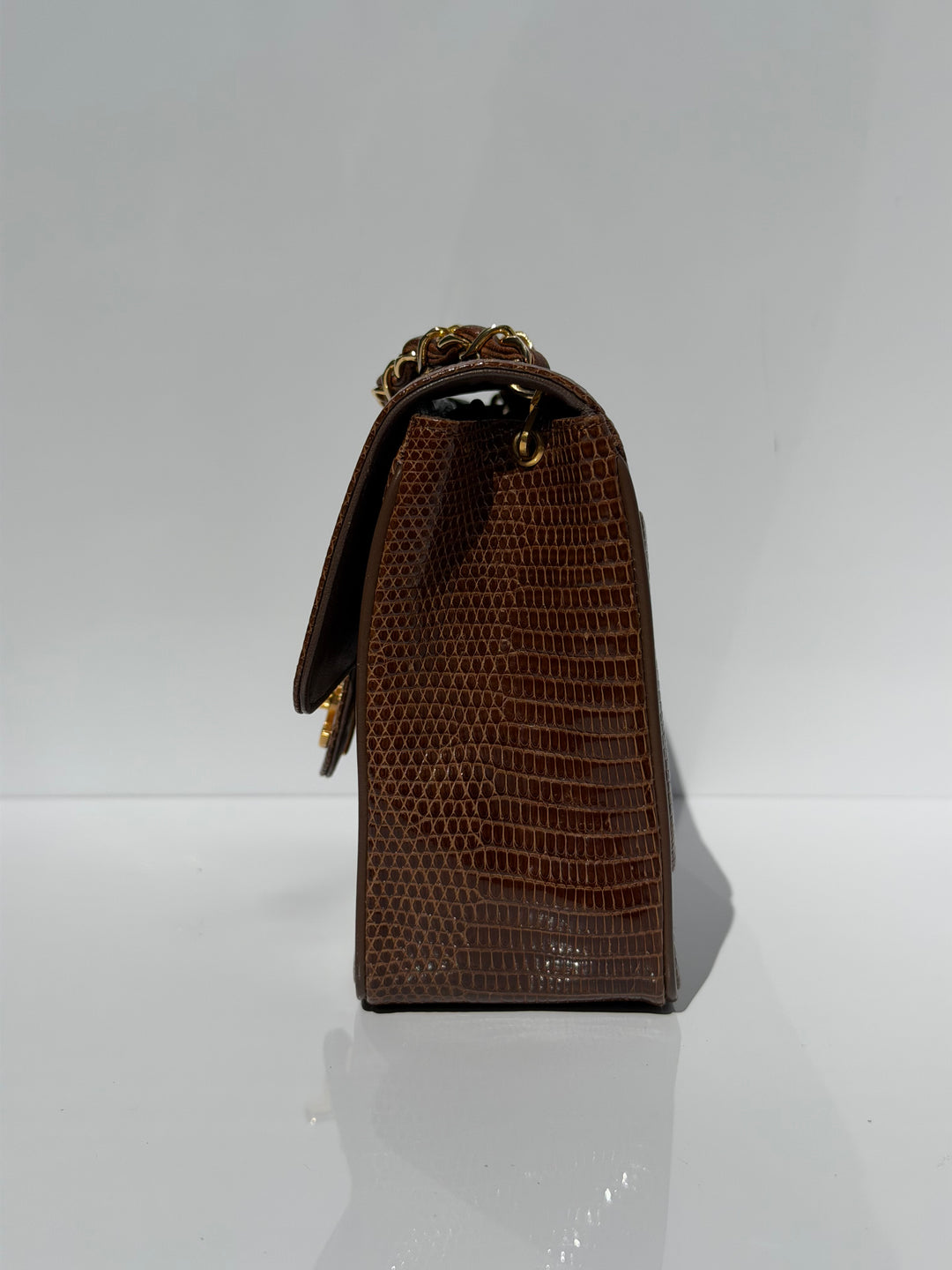 Chanel Brown Vintage Lizard Mini Square Flap Bag 24K Plated Gold Hardware 1986