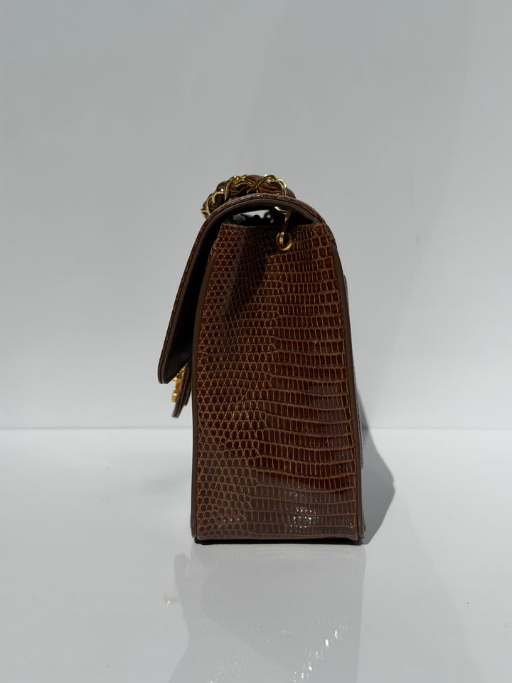 Chanel Brown Vintage Lizard Mini Square Flap Bag 24K Plated Gold Hardware 1986