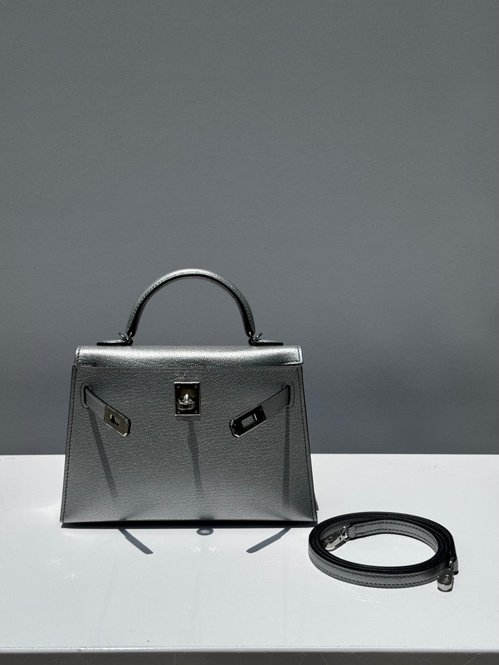Hermes Mini Sellier Argent Silver Metallic Chevre Chamkilight Kelly 20