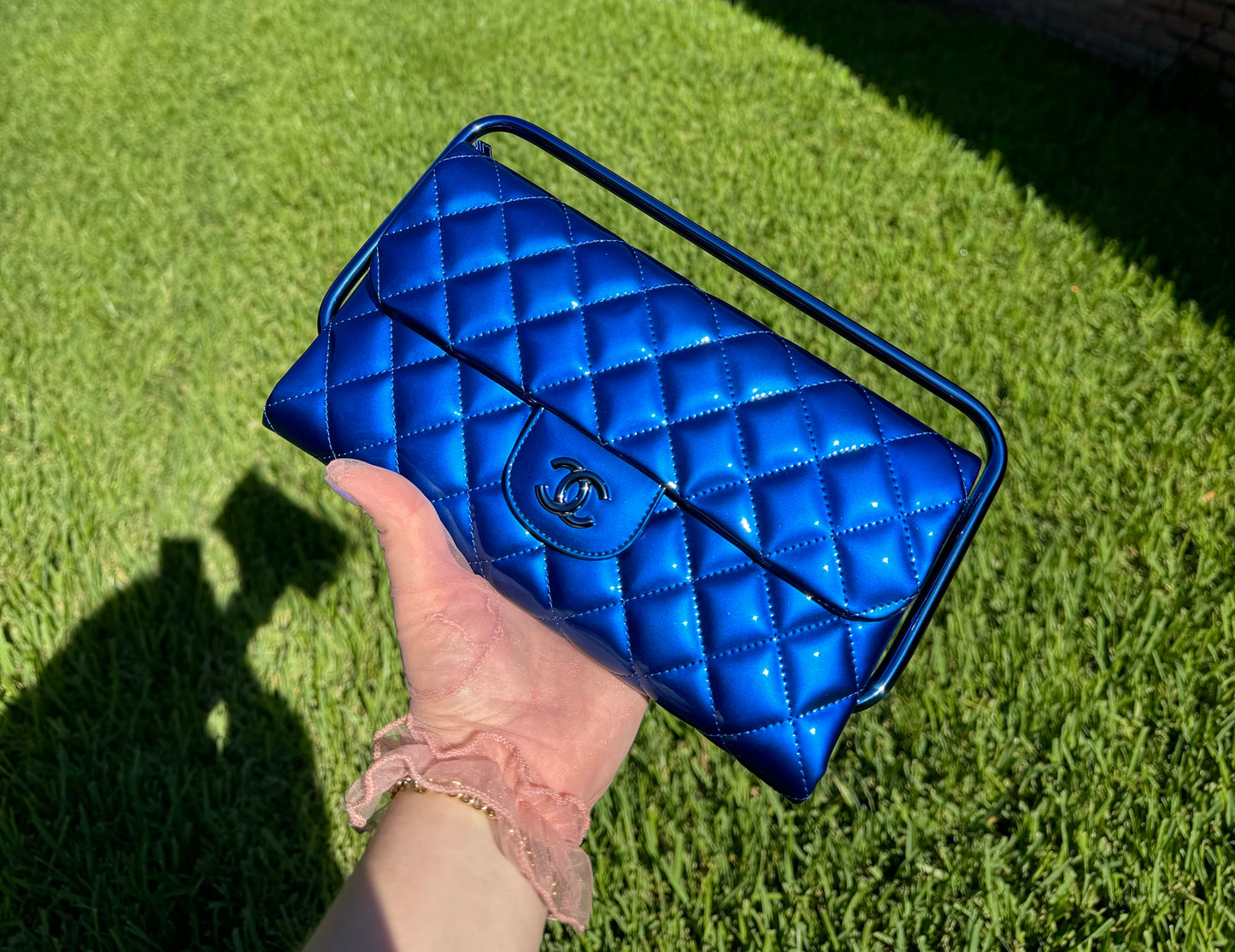 Chanel Classic Flap Patent Metallic Blue Frame Clutch