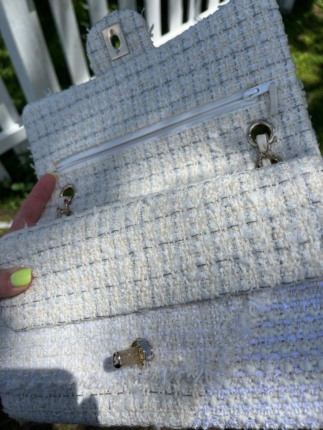 Chanel White Medium Tweed Patchwork Flap Bag